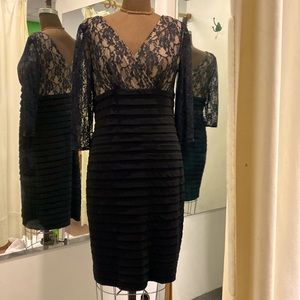 Adrianna Papell black lack v-neck, banded bottom dress with 3/4 sleeves
